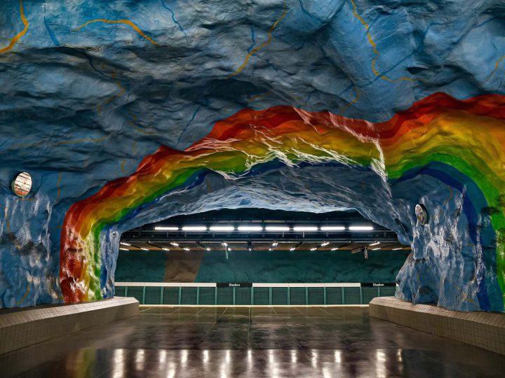 Stockholm metro art with someone who looks after it