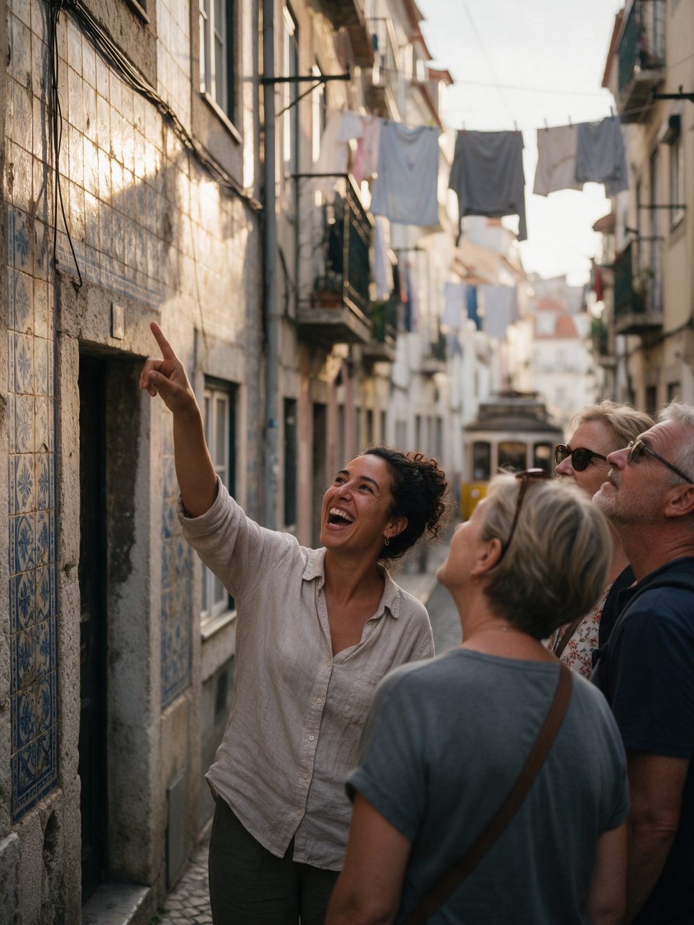 A local guide laughing and pointing at a tiled facade in Lisbon while three travellers look up